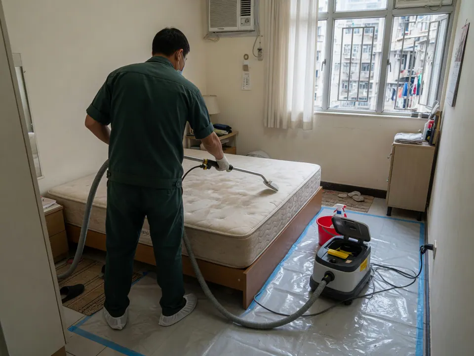 服務示意：師傅用噴抽機清洗床褥上表面