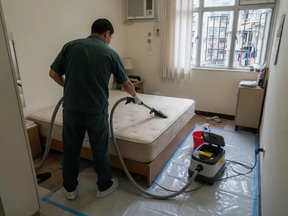 服務示意：師傅先用吸塵頭處理床褥表面