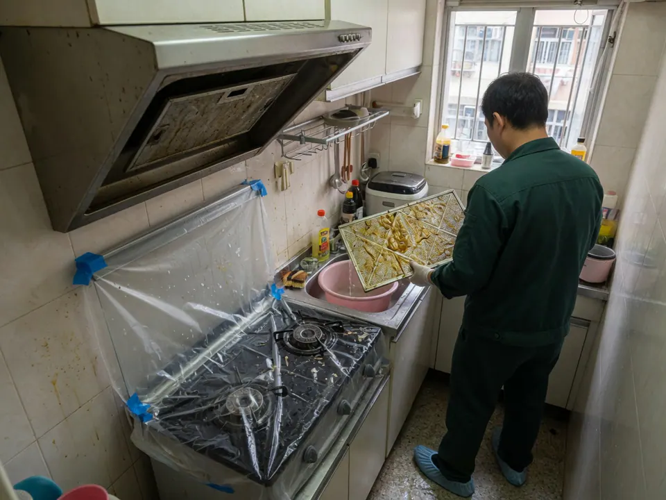 Service illustration: a technician holding a greasy mesh filter with the hob covered