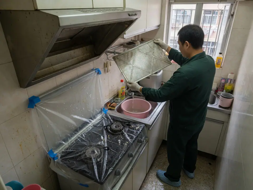 Service illustration: refitting a mesh filter on the range hood