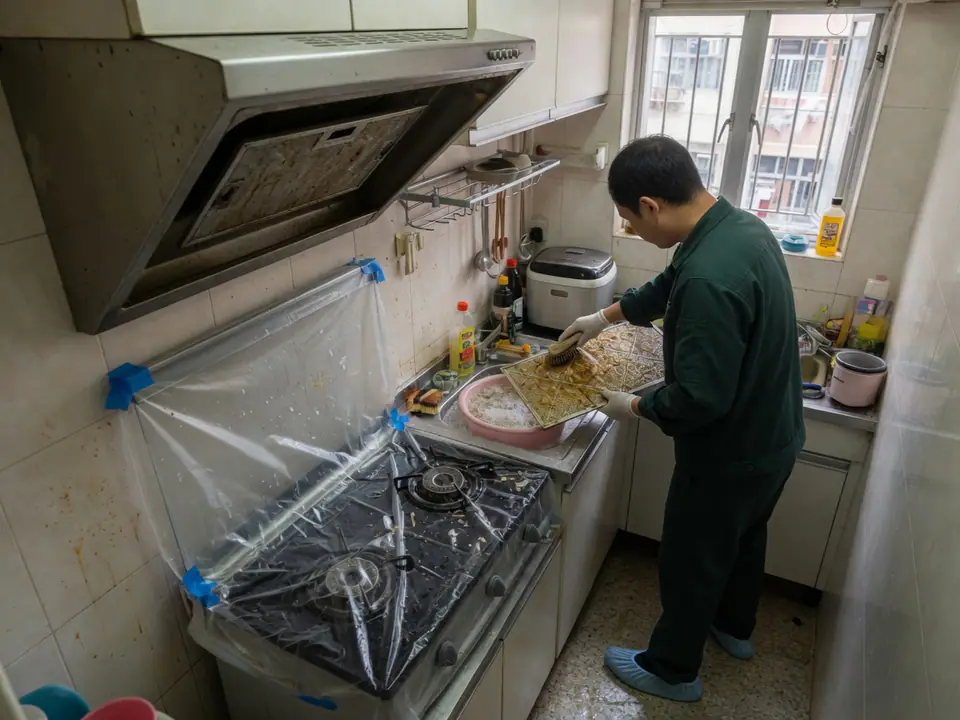 Service illustration: brushing a mesh filter in the sink