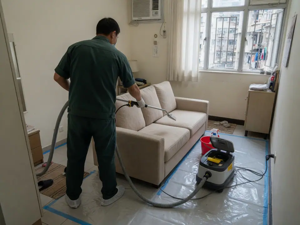 服務示意：師傅用噴抽機清洗布藝梳化座位